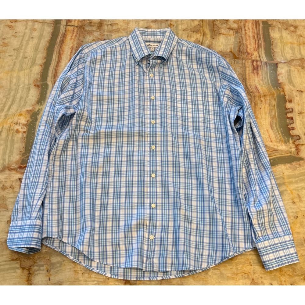 Peter Millar Mens Button Down Shirt Blue White Plaid Long Sleeve Classic Size L